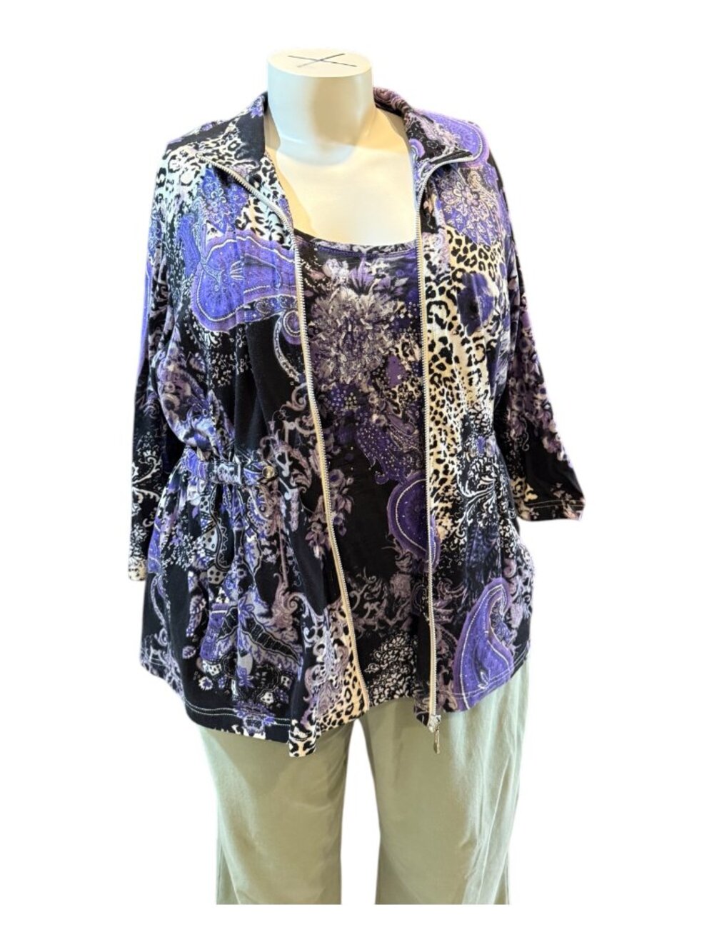 Onque Woman 2X Purple Abstract Pattern 3/4 Slv Full Zip Light Jacket & Top Set - Picture 4 of 10